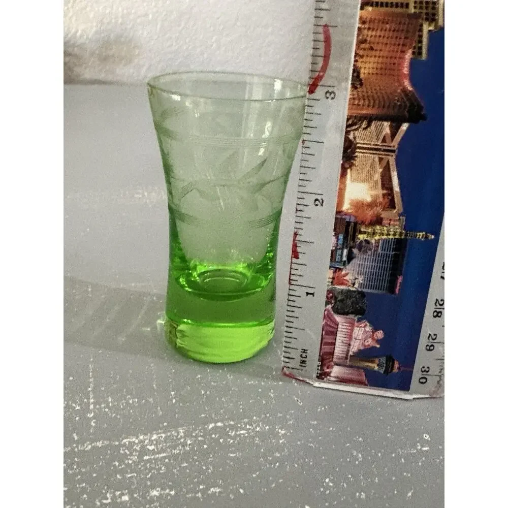 Vintage Uranium Glass Shot Glass Art Deco Etched Green Vaseline Glass 1930s